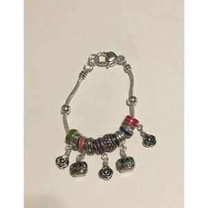 Trendy Silver Rose & Crown Bead Bracelet~kn